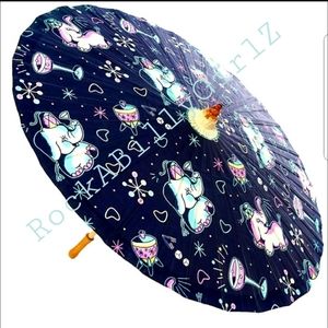 Sourpuss 32" Retro Pink Teal Elephants Martini Glass Paper Parasol Bamboo Handle